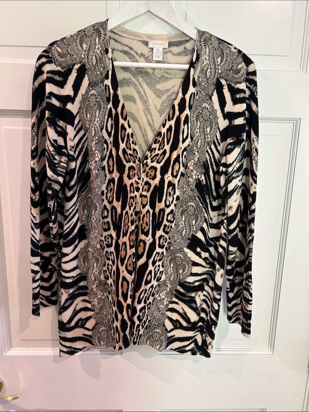 Chico's Black, White & Tan Animal Print V-Neck Cardigan